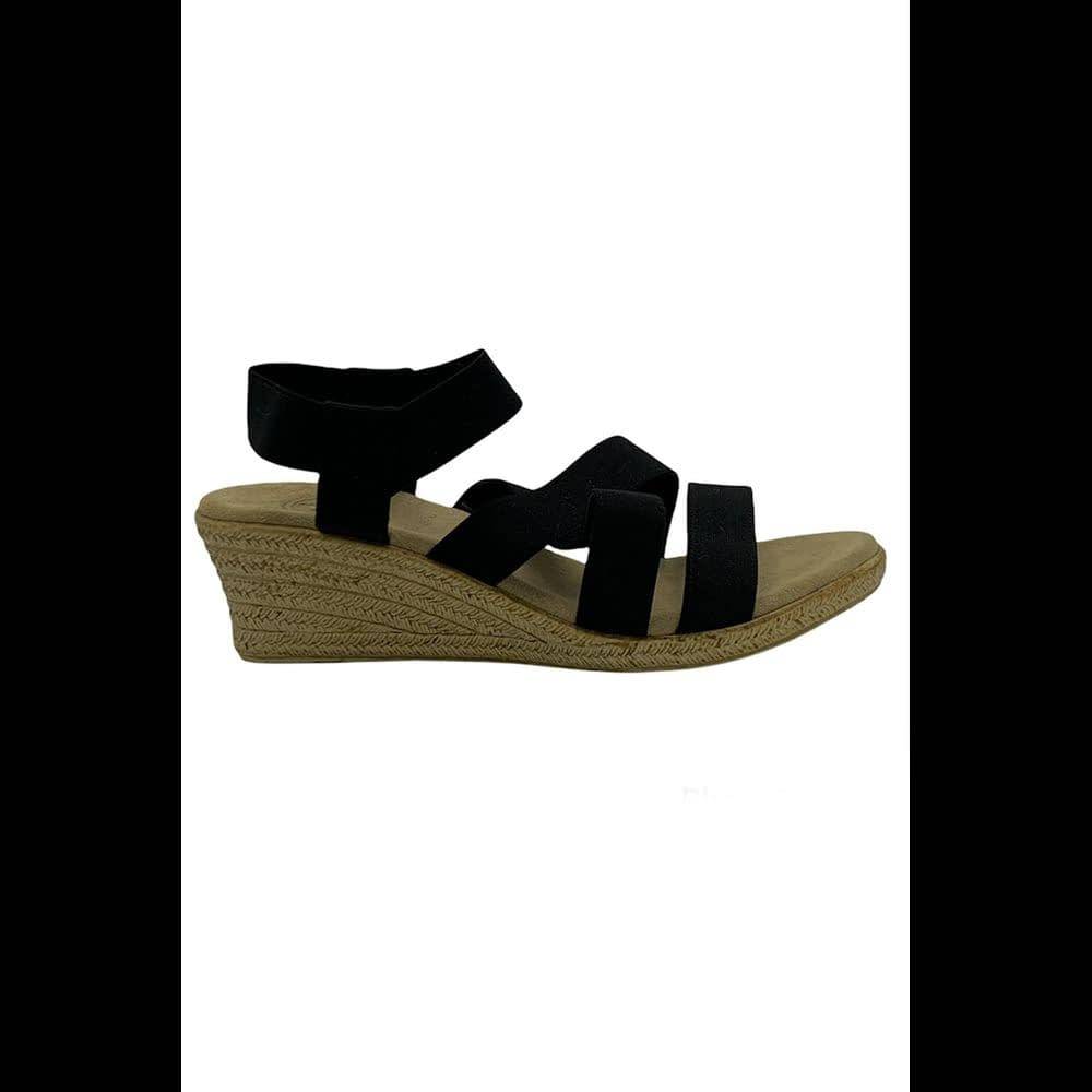 Charleston Shoe Co. Stretch Wedge Sandals X Strap Cannon Black - Medium